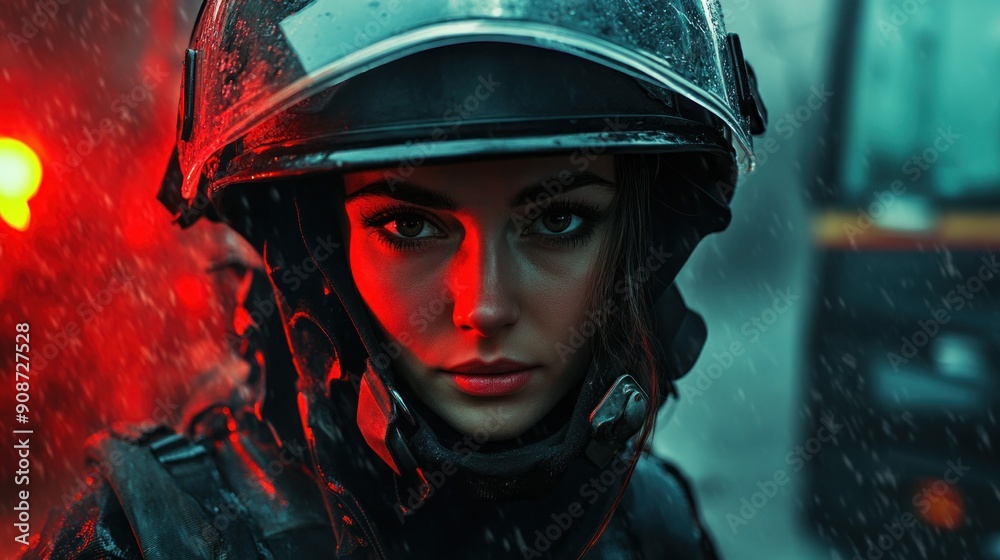 Woman in a Helmet, Focused, Close-up Woman in a Helmet, Focused, Close-up