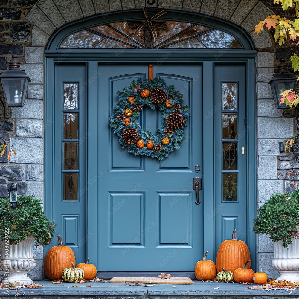 Obraz premium Autumnal Doorway with Pumpkins and Wreath