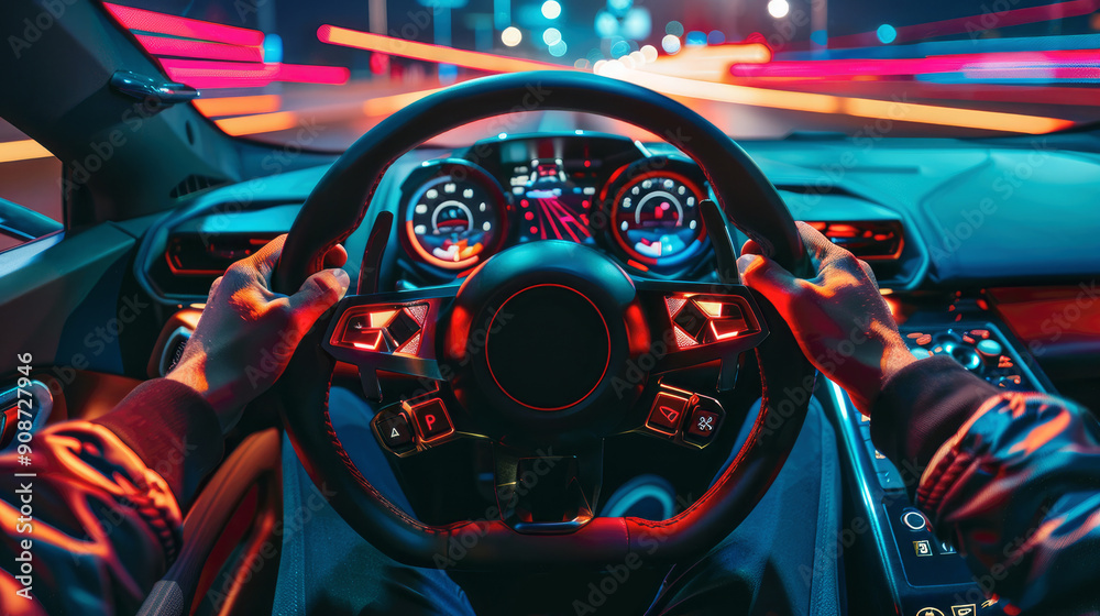 View of hands of driver holding wheel and windshield, dashboard inside luxury car at night. Concept of drive, interior, speed, road, steering, display.