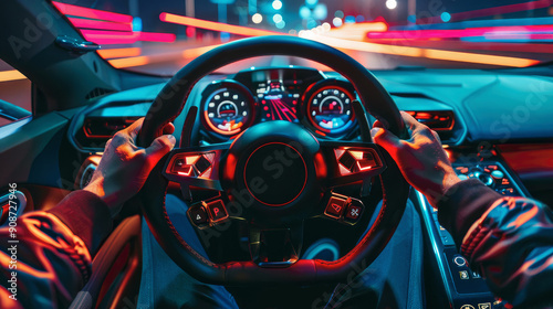 Obraz na płótnie View of hands of driver holding wheel and windshield, dashboard inside luxury car at night. Concept of drive, interior, speed, road, steering, display. w salonie