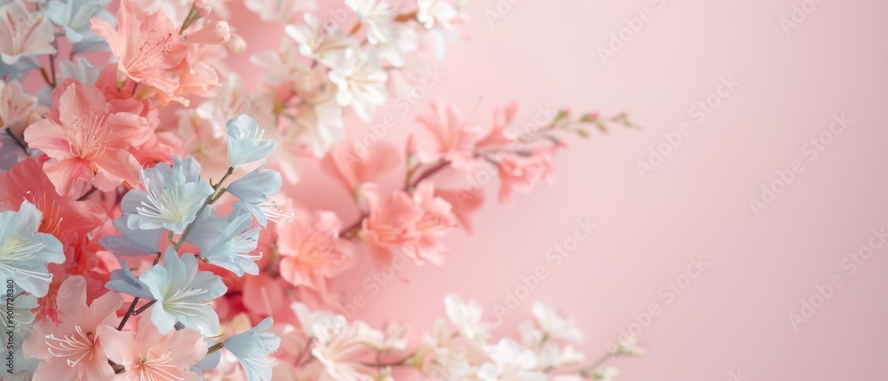 A beautiful arrangement of pink and blue flowers against a soft pink background, perfect for spring themes and decor. A beautiful arrangement of pink and blue flowers against a soft pink background, perfect for spring themes and decor.