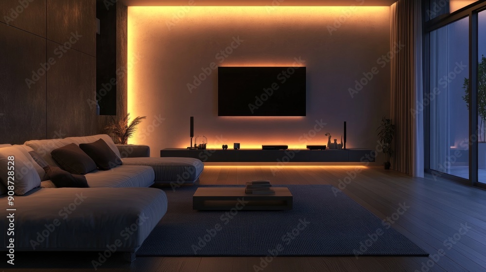 modern living room interior with sofa and television against the wall with soft lighting modern living room interior with sofa and television against the wall with soft lighting