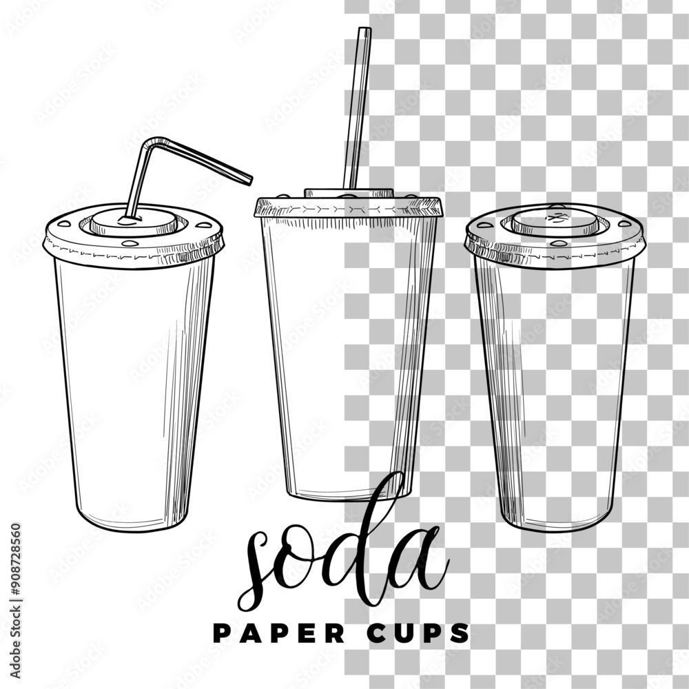 Vector hand drawn tall paper cups with sodas. Cold beverages with ...