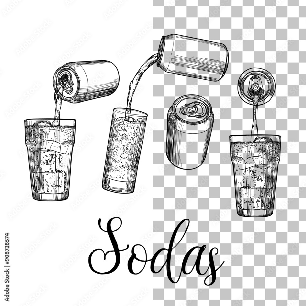 Soda in cans and glasses isolated on transparent background. Soft drinks assets. Drinks assets ready to use and easy to edit. Black outline, no fill, with fine details. 