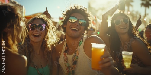 Lively young people having fun, dancing, and drinking at a festival.