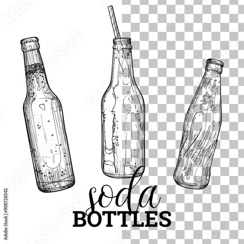 Vector hand drawn cold beverage bottles. Bottle with straw and orange soda. Sparkling soda bottles. Easy to edit, ready to use. Black outline, no fill, with fine details. 