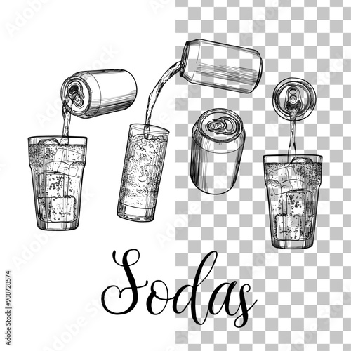 Soda in cans and glasses isolated on transparent background. Soft drinks assets. Drinks assets ready to use and easy to edit. Black outline, no fill, with fine details. 