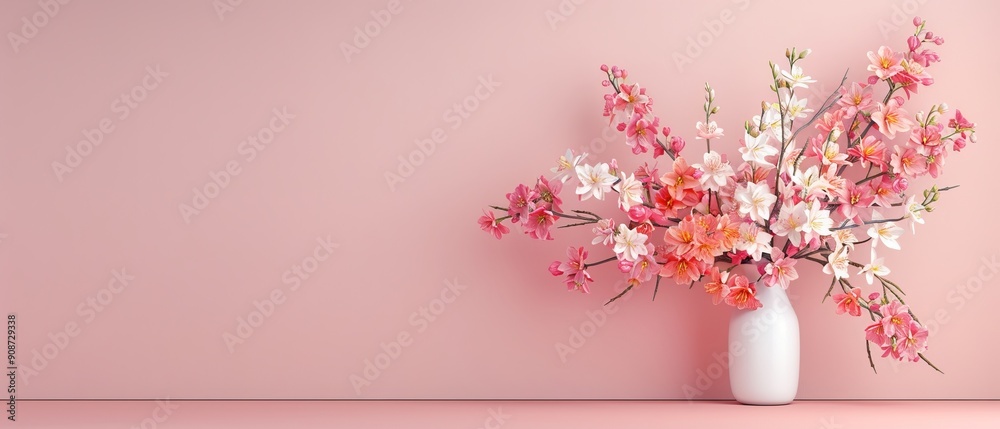 A beautiful vase filled with colorful flowers against a soft pink background, perfect for decoration or inspiration. A beautiful vase filled with colorful flowers against a soft pink background, perfect for decoration or inspiration.