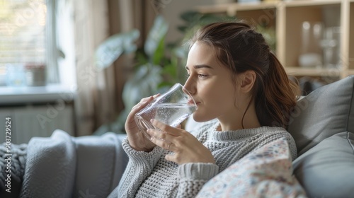 A woman sips water contentedly while seated on a comfortable sofa