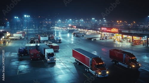 A panoramic view of a truck stop during the night, illuminated by bright lights, with various food trucks, convenience stores, and rest areas bustling with activity, creating a lively and secure