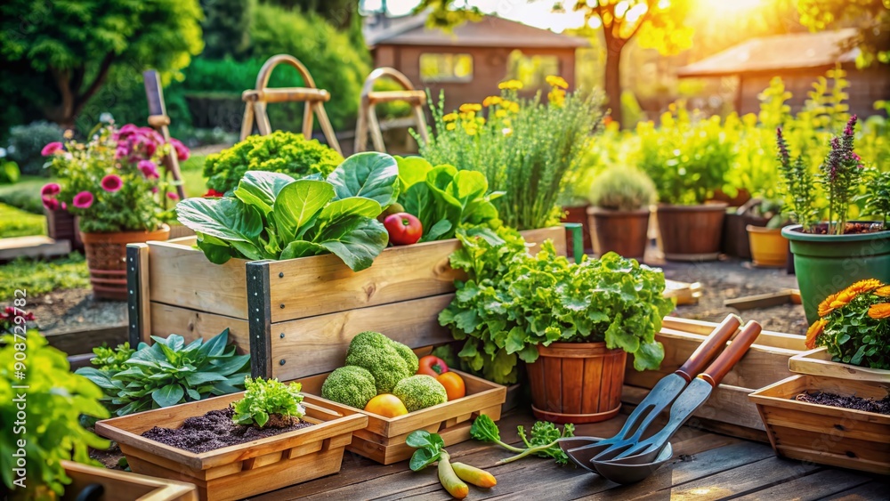 Vibrant urban garden with lush green vegetable plants, gardening tools, and rustic wooden planters, showcasing a serene backyard oasis for seniors to tend. Vibrant urban garden with lush green vegetable plants, gardening tools, and rustic wooden planters, showcasing a serene backyard oasis for seniors to tend.