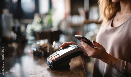 Closeup of a Woman Using a Smartphone to Pay the Bill at a RestaurantGenerated image photo