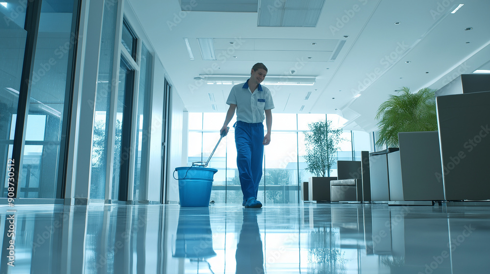 A happy young cleaner, either male or female, mopping the office floor with a bucket and mop. The image can capture the cleaner in action, with a bright smile, and the clean, shiny floor reflecting th
