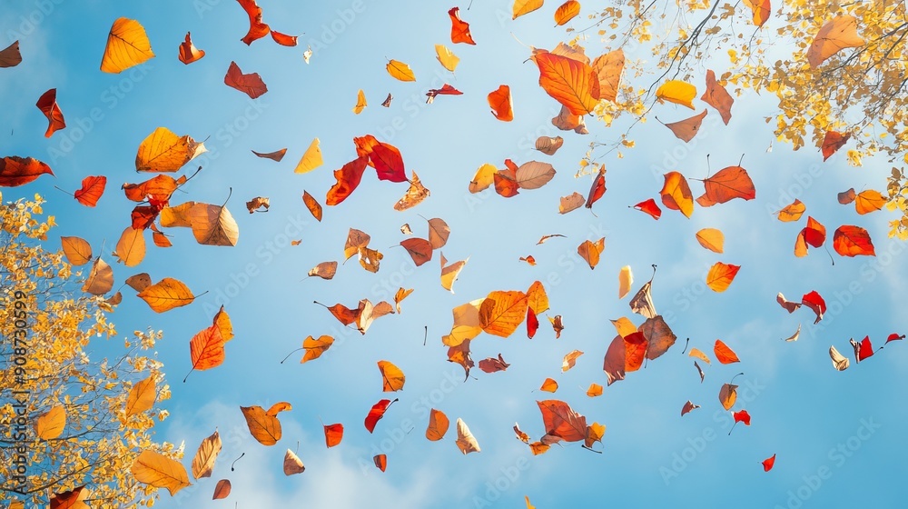 Autumn leaves flutter in the breeze against the blue sky, creating a vibrant and colorful tapestry of nature. Autumn leaves flutter in the breeze against the blue sky, creating a vibrant and colorful tapestry of nature.