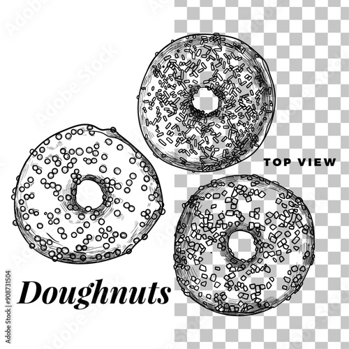 Hand drawn vector doughnuts. Top view of three donuts with vanilla, berry, chocolate glazes and sprinkles. Easy to edit and use vector food assets. Black outline, no fill, with fine details. 