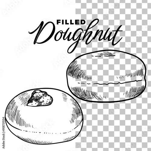Hand drawn vector donuts with fruit filling. Round doughnuts fresh out of the oven! Easy to edit and use vector food assets. Black outline, no fill, with fine details. 