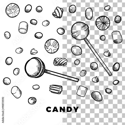 Hand drawn vector candies. Lollipops, gum, marshmallow with chocolate, vanilla, coffee, caramel and fruit flavors. Easy to edit and use vector food assets. Black outline, no fill, with fine details. 