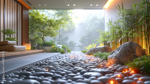 3d render of zen stone floor with light in the garden zoom office background