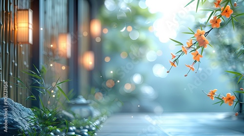 3d render of terrace with flowers and bokeh background zoom office background