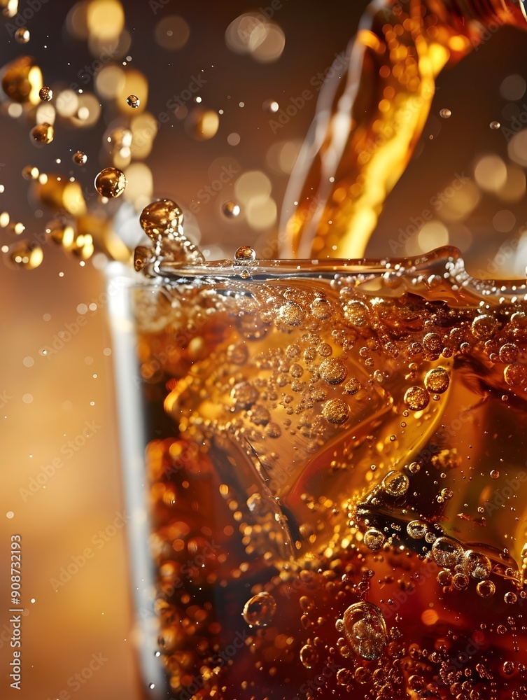 Close Up Captivating Pour of Effervescent Soda Drink with Vibrant Bubbles and Droplets Close Up Captivating Pour of Effervescent Soda Drink with Vibrant Bubbles and Droplets