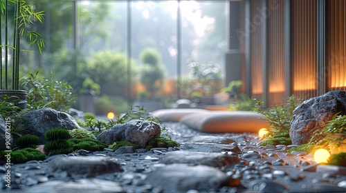 3D rendering of a botanical garden with plants and stones. zoom office background