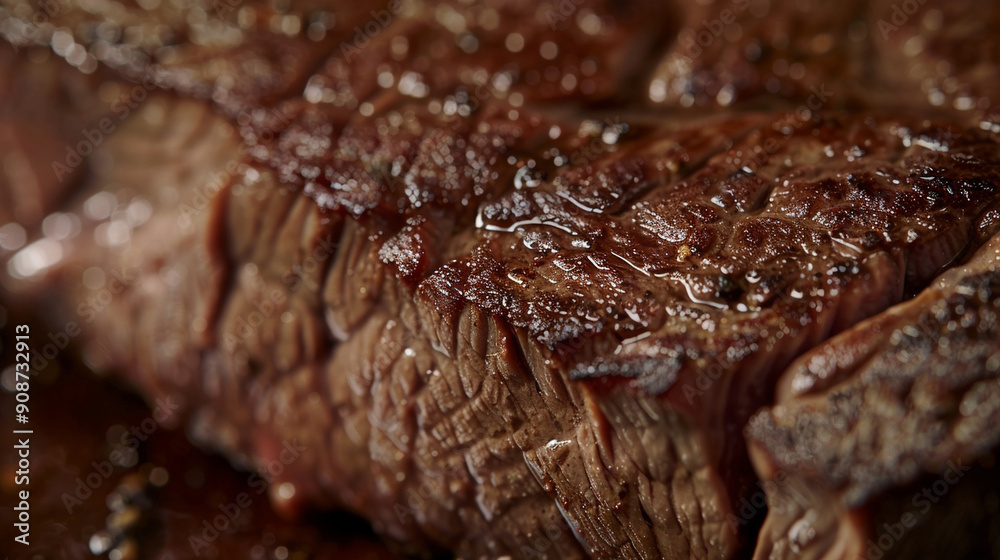 Close-up of marbled textures in a piece of cooked steak with detailed fat lines Close-up of marbled textures in a piece of cooked steak with detailed fat lines