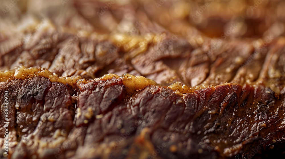 Close-up of marbled textures in a piece of cooked steak with detailed fat lines Close-up of marbled textures in a piece of cooked steak with detailed fat lines