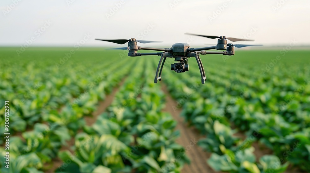 A drone flying over a lush green field, showcasing modern agricultural technology in action for crop monitoring and management. A drone flying over a lush green field, showcasing modern agricultural technology in action for crop monitoring and management.