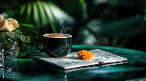 A serene coffee moment with a steaming cup on a journal, complemented by a vibrant flower and lush greenery in the background. photo