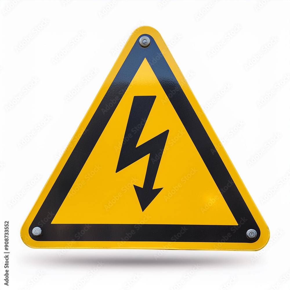 Yellow triangle warning sign with lightning bolt symbol. High voltage danger. Isolated on white Yellow triangle warning sign with lightning bolt symbol. High voltage danger. Isolated on white