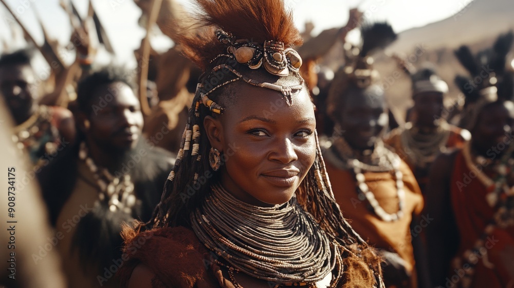 A Himba bride adorned in traditional attire celebrates her wedding surrounded by family and friends in a vibrant gathering in Namibia A Himba bride adorned in traditional attire celebrates her wedding surrounded by family and friends in a vibrant gathering in Namibia