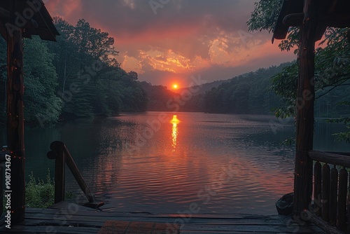 Sunset Over a Lake with a Wooden Deck and String Lights photo