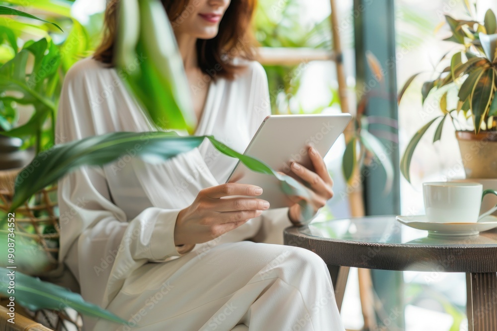 Businesswoman working on tablet surrounded by plants Businesswoman working on tablet surrounded by plants
