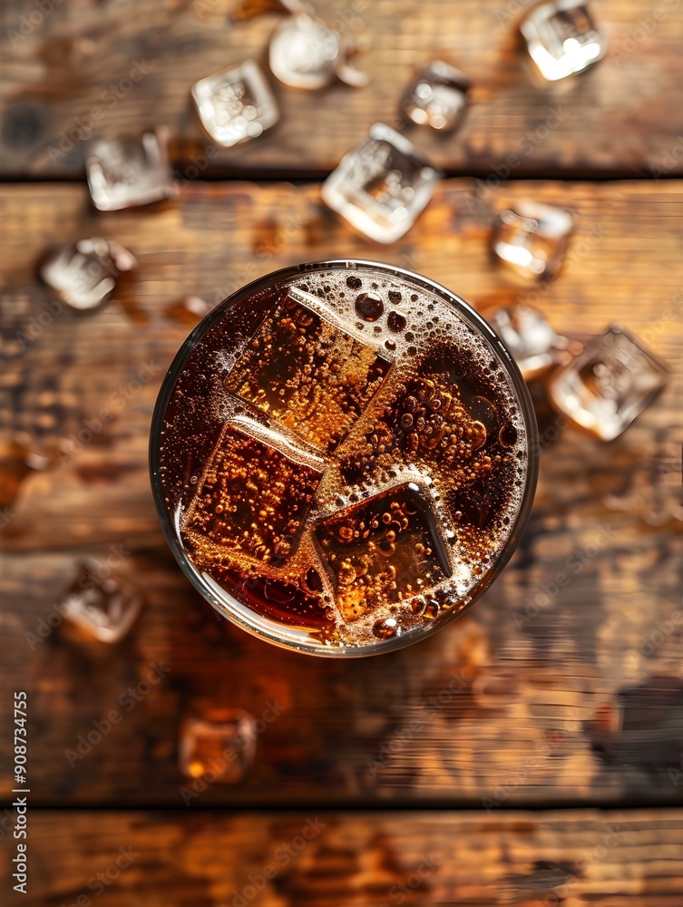 Top View Pour of Refreshing Soda Drink with Cubed Ice on Rustic Wooden Table Top View Pour of Refreshing Soda Drink with Cubed Ice on Rustic Wooden Table