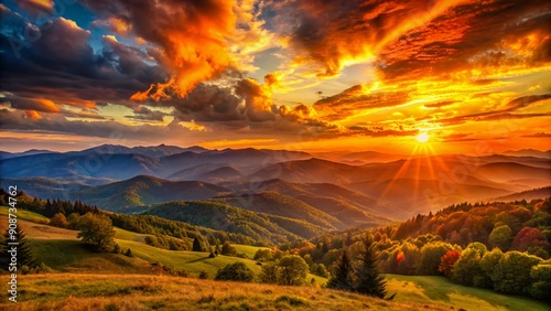 Vibrant orange sunset illuminates vast landscape of rolling hills, towering mountains, and endless sky, evoking sense of limitless possibility and untamed adventure.