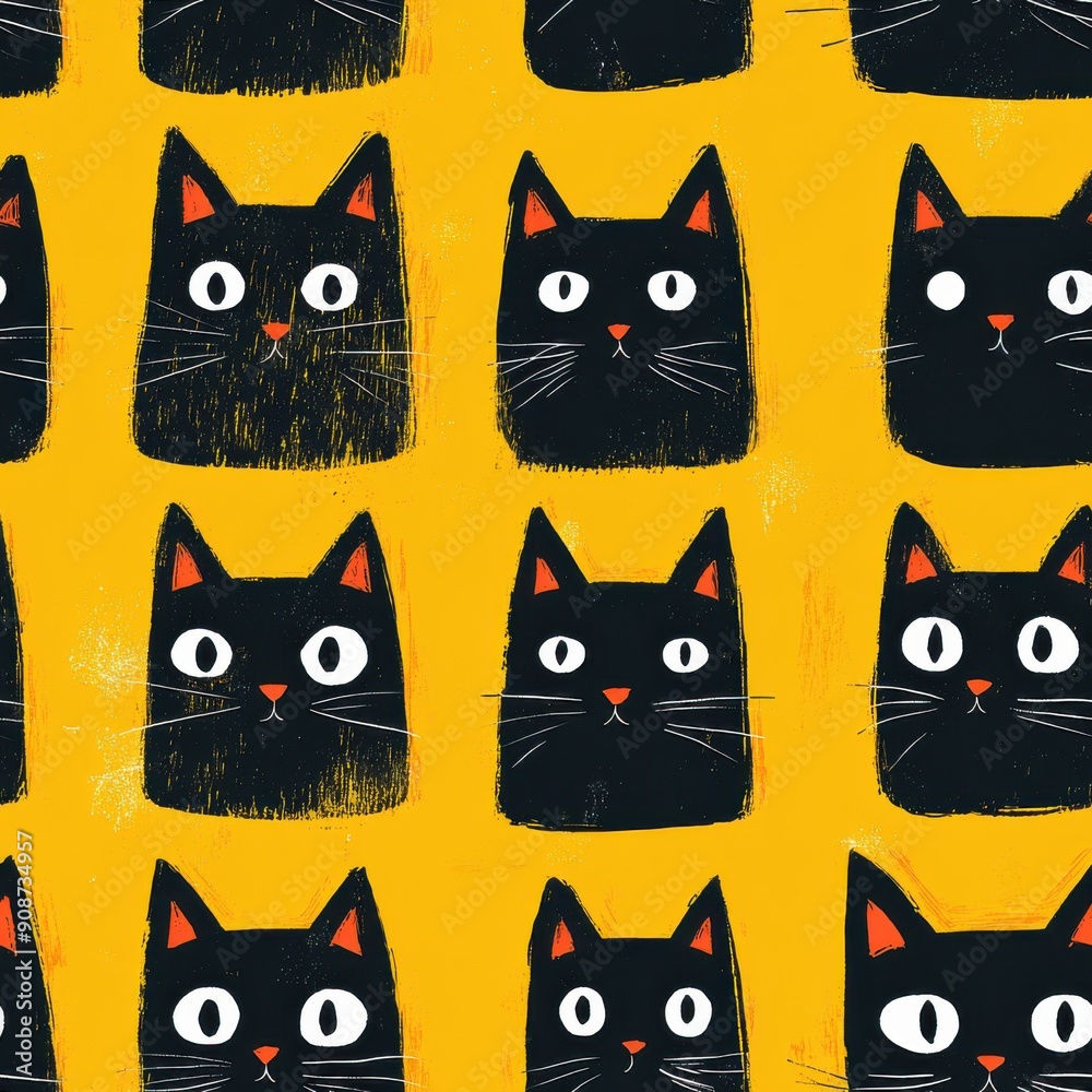 Scandinavian pattern minimalist of cat face, on yellow backdrop, seamless repeating pattern Scandinavian pattern minimalist of cat face, on yellow backdrop, seamless repeating pattern