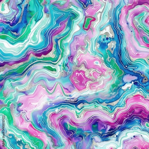 agate pattern in blue, pink, green, purple - with white curls and rings with the effect of ice paint