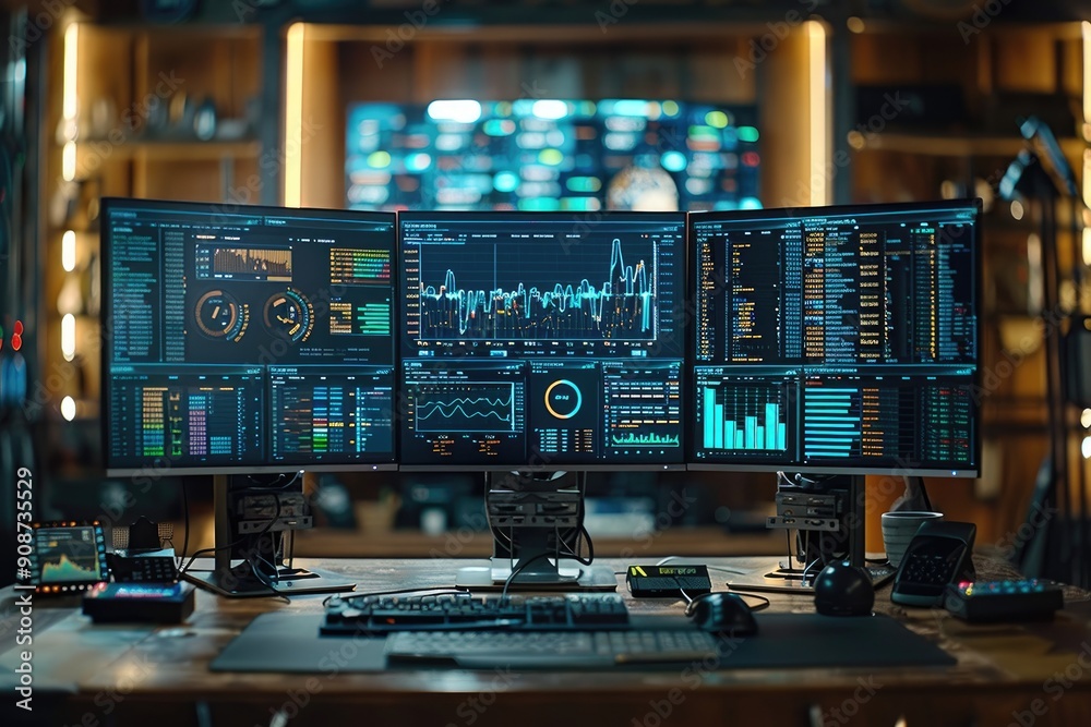 Three computer monitors displaying financial data graphs and numerical figures