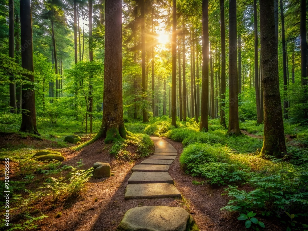 Fototapeta premium A serene forest trailhead beckons, where a single stepping stone invites exploration, surrounded by lush greenery and towering trees, symbolizing new beginnings and limitless possibilities.