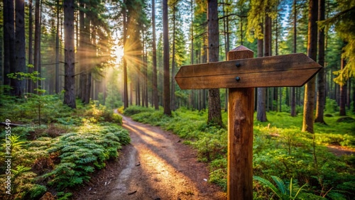 Serene forest trailhead beckons with rustic wooden signpost, inviting solo travelers to embark on a transformative odyssey of discovery and self-exploration.