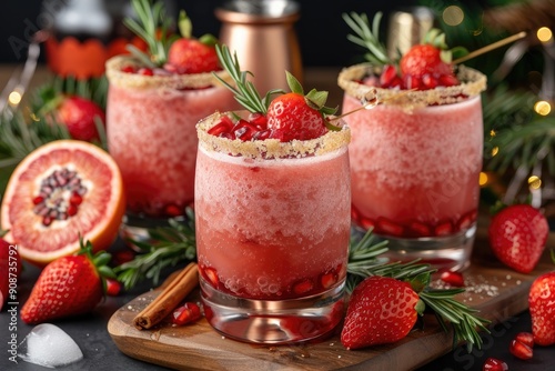 Three Festive Red Cocktails Garnished with Strawberries, Rosemary, and Pomegranate Seeds