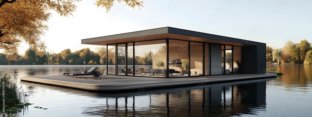 Obraz premium A floating modern house on the lake, with a wood deck with glass walls and a flat roof, in a minimalist design with sleek lines, overlooking calm waters