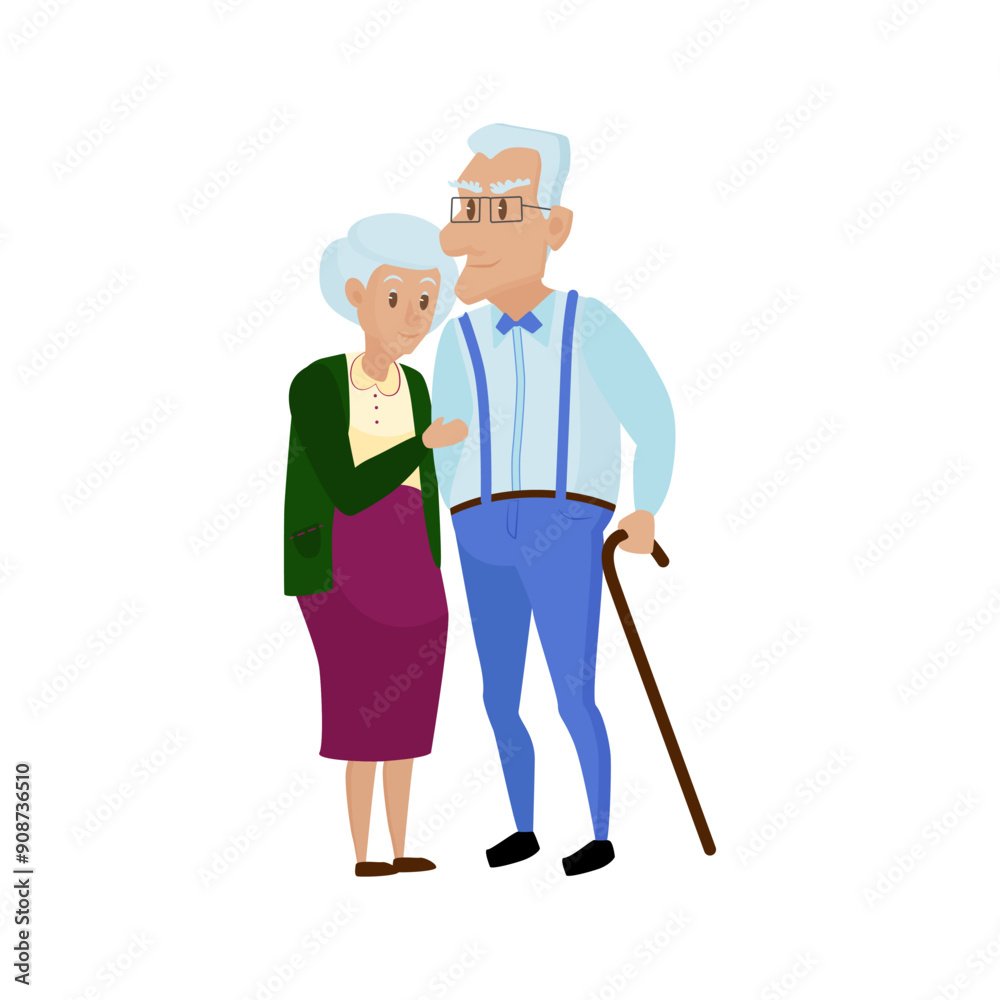 Happy old couple of pensioners standing and hugging, grandfather holding walking stick vector illustration Happy old couple of pensioners standing and hugging, grandfather holding walking stick vector illustration