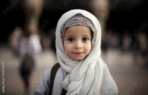 Portraits of Muslim children in pilgrimage attire at the sacred Kaaba, reflecting devotion and spiritual unity..Generated image photo