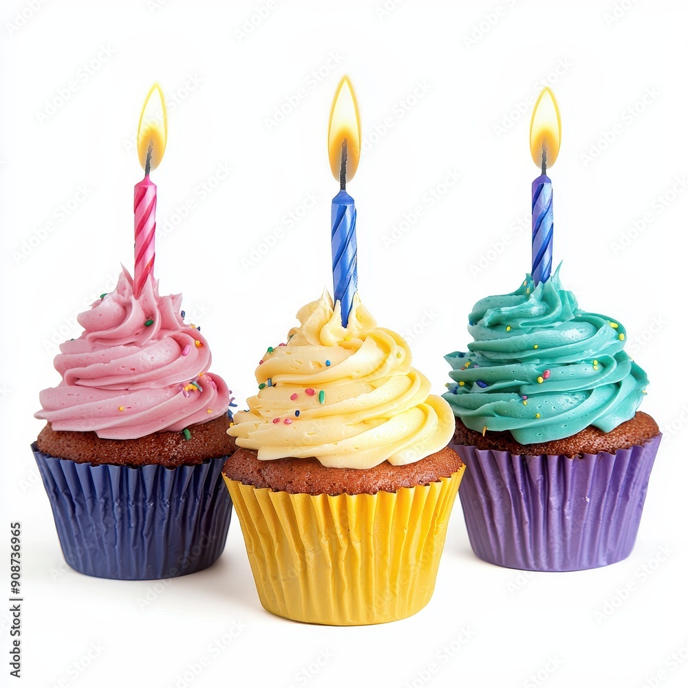 Birthday Cupcake Toppers With Blue And Pink Candles On White Background Birthday Cupcake Toppers With Blue And Pink Candles On White Background
