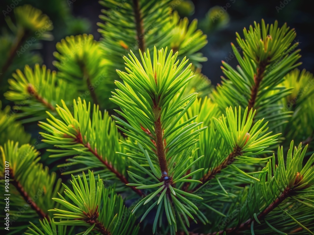 Vibrant bright green pine needles stand out against a dark, mysterious background, showcasing their delicate texture and intricate details in high contrast. Vibrant bright green pine needles stand out against a dark, mysterious background, showcasing their delicate texture and intricate details in high contrast.