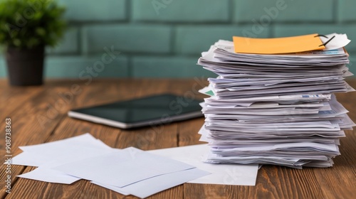 Pile of unpaid bills on desk, financial crisis, economic recession