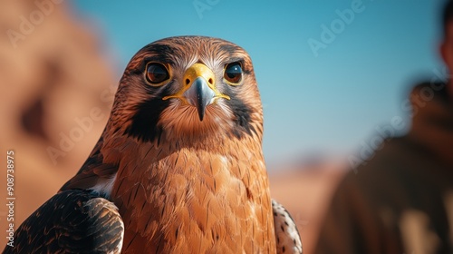 Falconer training a majestic falcon in a desert landscape, ancient art and wildlife connection, adventure voyage photo