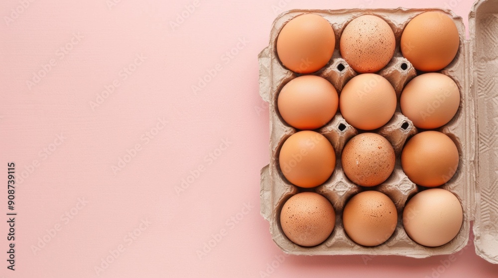 A dozen eggs are sitting in a carton on a pink background A dozen eggs are sitting in a carton on a pink background