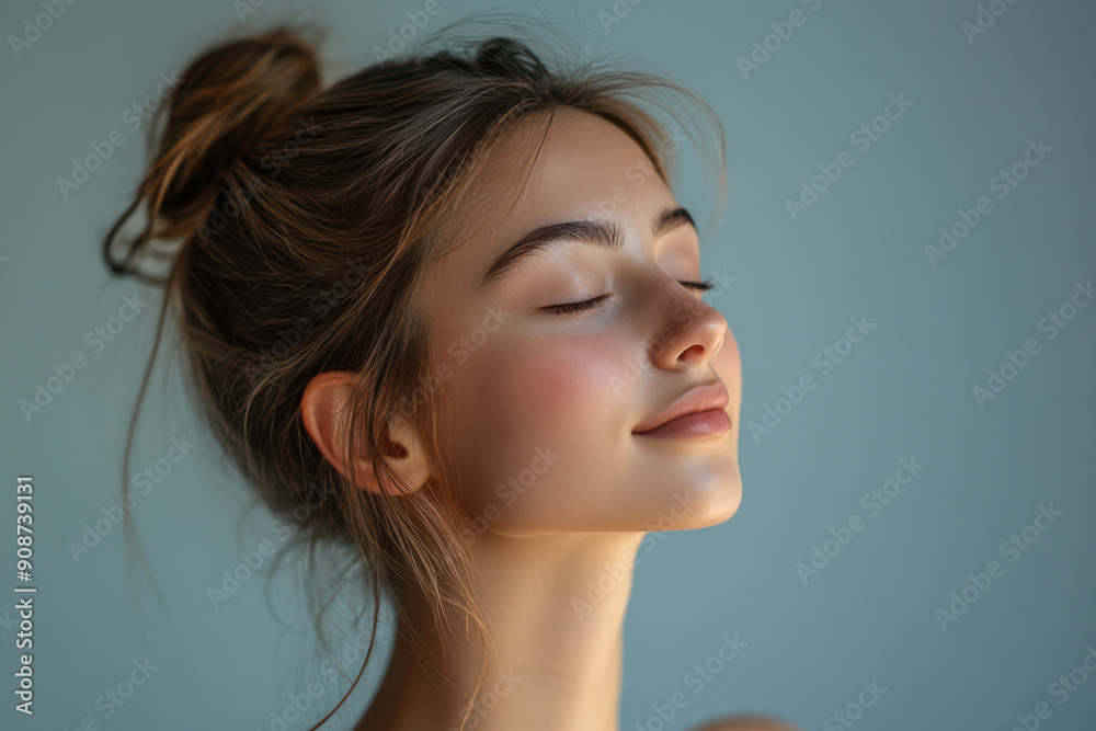 A close up of a girl's face with her eyes closed